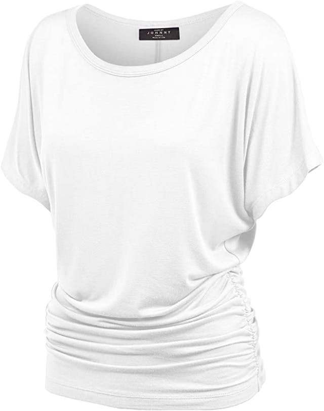 95% RAYON 5% SPANDEX, Made in USA or Imported, Do Not Bleach, Lightweight fabric with great stretch for comfort, Ribbed on sleeves and neckline / Double stitching on bottom hem
